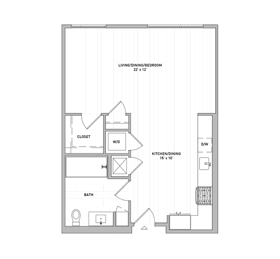 A floor plan of a living space with a kitchen, bathroom, and closet.