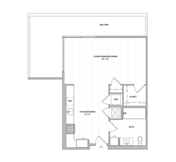 A floor plan of a balcony with a kitchen and bathroom.