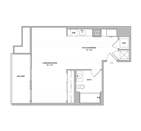 A floor plan of a house with a kitchen, living room, and dining area.