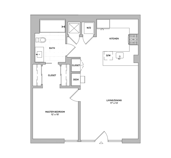 A floor plan of a house with a master bedroom, two closets, a kitchen, and a living room.