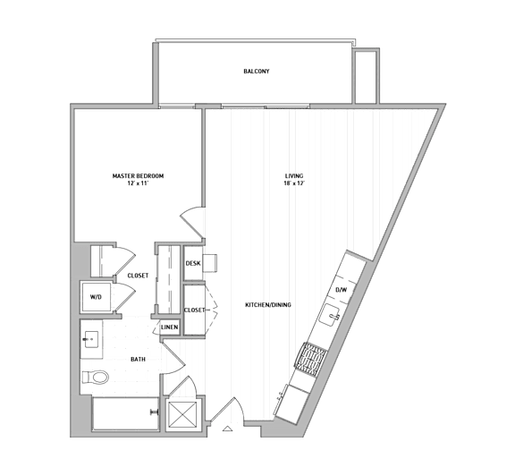 A floor plan of a house with a balcony, master bedroom, living room, dining room, kitchen, and bathroom.