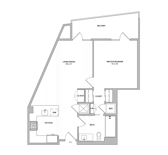 A floor plan of a house with a balcony, kitchen, living room, dining room, bathroom, and two bedrooms.