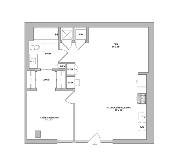 A floor plan of a house with a master bedroom, two closets, a bathroom, and a kitchen/dining area.