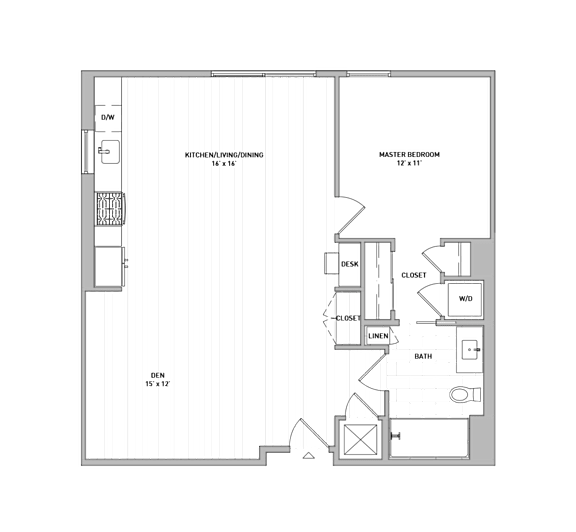 A floor plan of a house with a kitchen, dining room, and master bedroom.