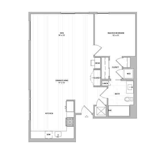 A floor plan of a house with a master bedroom, a study, a kitchen, and a dining area.