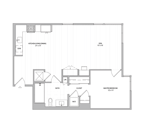 A floor plan of a house with a kitchen, two bathrooms, a living room, a dining room, a master bedroom, and a laundry room.