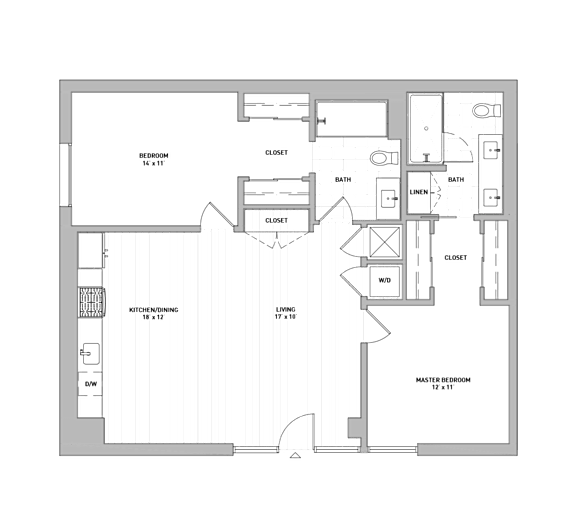 A floor plan of a building with rooms labeled, including a kitchen, bathrooms, and a master bedroom.