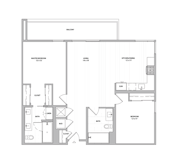 A floor plan of a house with a master bedroom, a living room, and a kitchen.