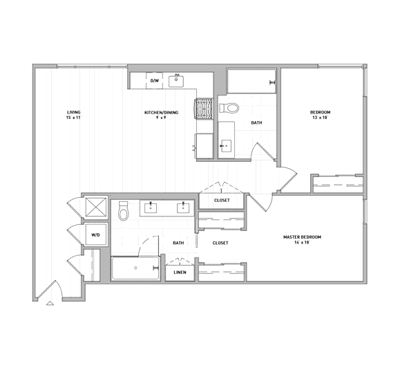A floor plan of a house with a living room, kitchen, and two bedrooms.