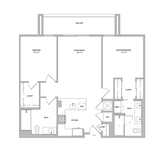 A floor plan of a house with a balcony, two bedrooms, a bathroom, a living room, a dining room, a kitchen, and a laundry area.