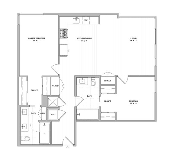 A floor plan of a house with a master bedroom suite, a living room, a kitchen, a bath, and a den.