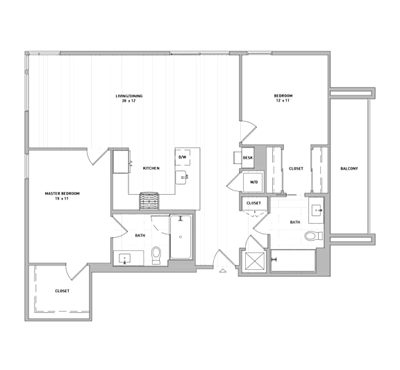 A floor plan of a building with labeled rooms such as Bedroom 101 and Bathroom.