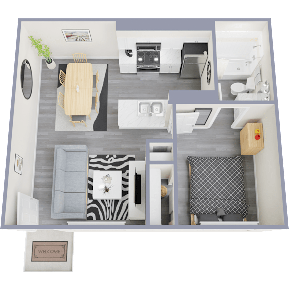 A top-down view of a room with a dining table, couch, and a zebra print rug.