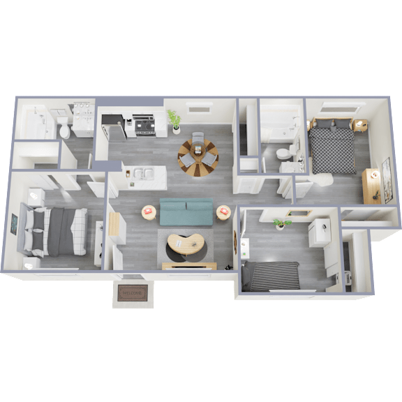 A 3D floor plan of a house with a living room, kitchen, dining room, and bedrooms.