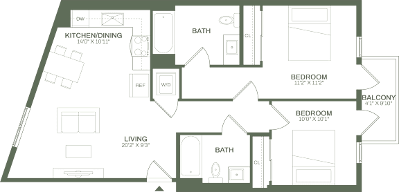 A floor plan of a house with a kitchen, living room, and two bedrooms at The Read, Los Angeles, CA 90016