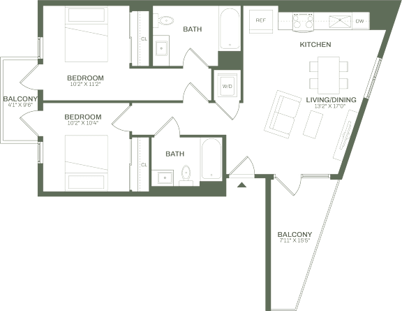 A floor plan of a house with labeled rooms at The Read, Los Angeles, CA 90016