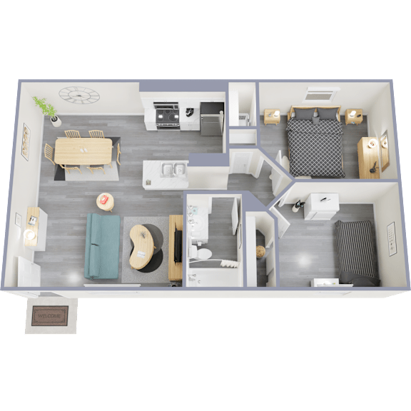 A 3D rendered image of a modern apartment layout.