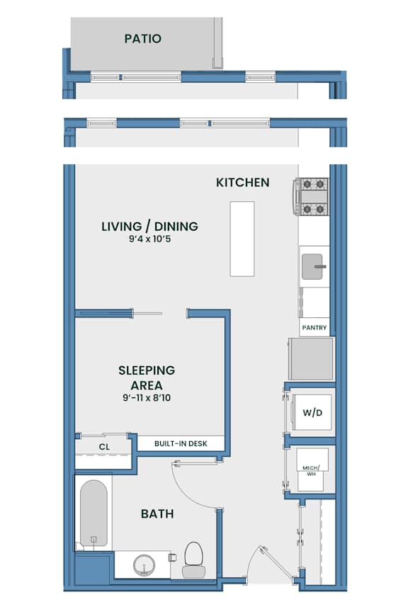 Studio floor plan with builtin desk and patio at 51 South Apartments, New York, 10601
