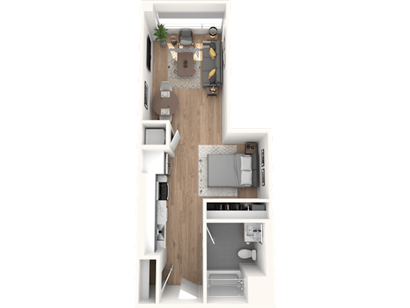 A top-down view of a small apartment with a kitchen, living room, and bathroom.
