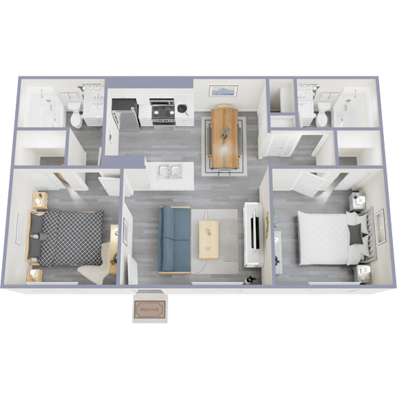 A 3D floor plan of a house with a living room, kitchen, and two bedrooms.