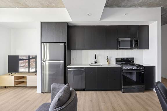 Modern kitchen with black cabinets and stainless steel appliances at Velaris Living Apartments, Denver, Colorado