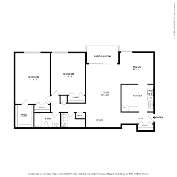 A black and white floor plan of a house with a bedroom, bathroom, kitchen, living room, and study.
