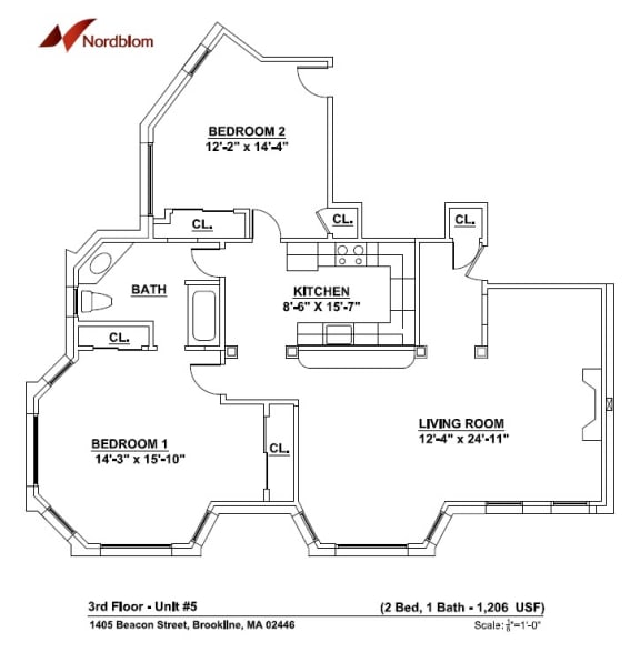 2 bed 1 bathroom floor plan at marion square apartments