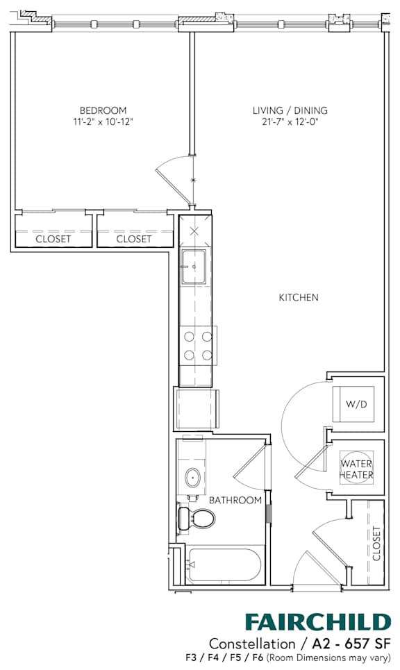 A drawing of a floor plan for a Fairchild Constellation apartment.