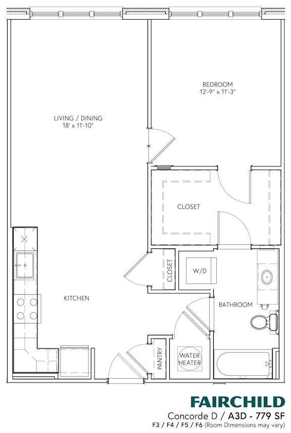 A floor plan for a Fairchild Concorde D apartment with a bedroom, bathroom, kitchen, and living area.
