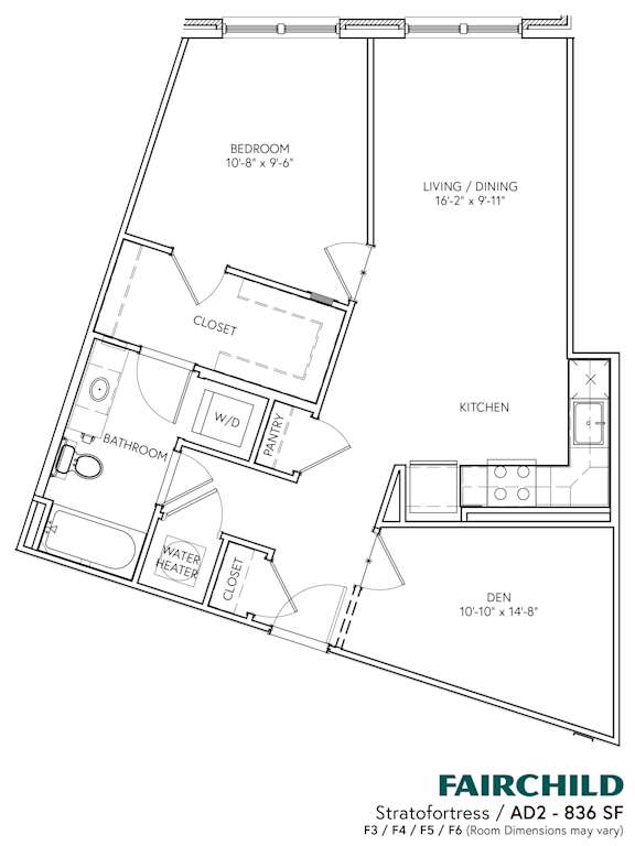 A floor plan for a Fairchild Stratofortress aircraft showing the layout of the bedroom, living/dining area, kitchen, bathroom, water/fire reactor, and den.