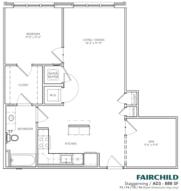 A floor plan for a Fairchild Staggerwing AD3-888 SF shows a bedroom, bathroom, kitchen, living/dining area, and closet.