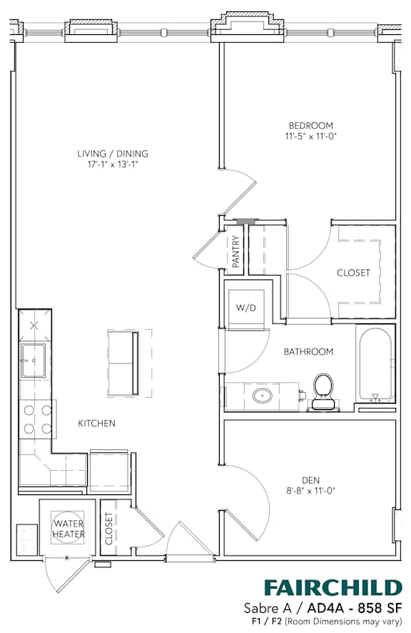 A drawing of a floor plan for a Fairchild F1/F2 room.