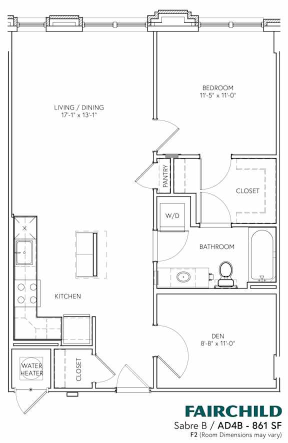 A floor plan of a Fairchild F2 room with dimensions.