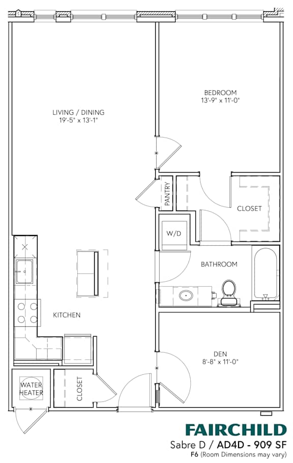 A floor plan of a Fairchild Sabre D / AD4D - 909 SF F&B room.