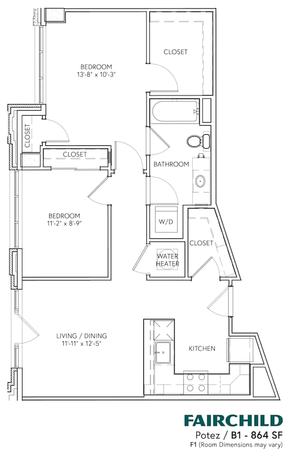 A floor plan for a Fairchild F1 home with dimensions for each room.