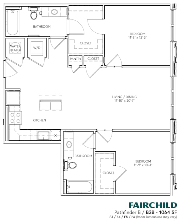 A floor plan of a Fairchild Pathfinder B / B3B - 1064 SF F3 / F4 / F5 / F6.