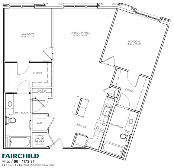 A floor plan of a Fairchild apartment shows two bedrooms, two bathrooms, a kitchen, and closets.