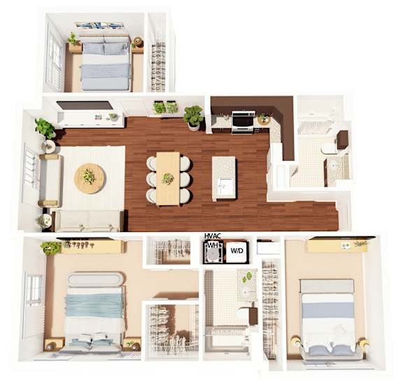 A top-down view of a small apartment layout with a kitchen, living room, and bedroom.
