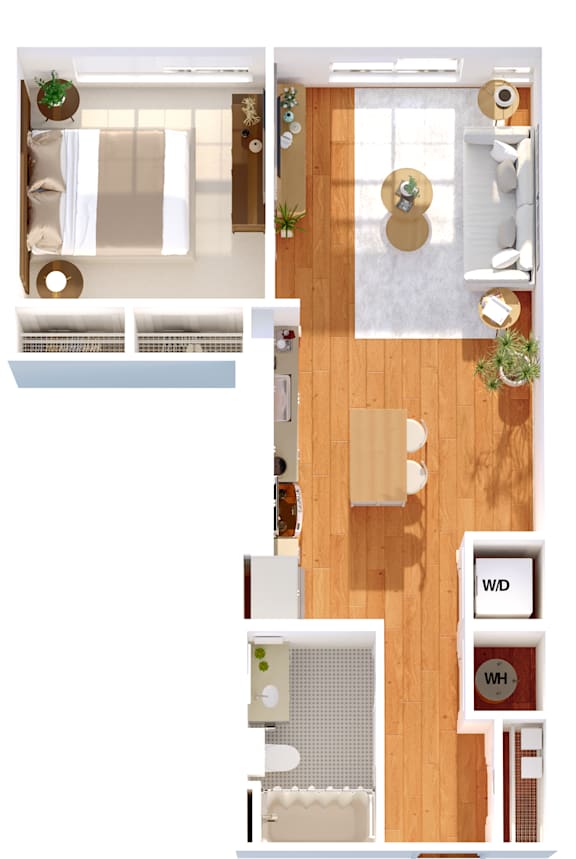 A floor plan of a small apartment with a kitchen, living room, and bathroom.