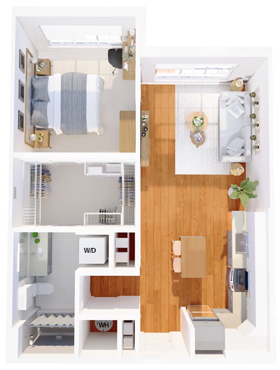 A floor plan of a small apartment with a kitchen, living room, and bathroom.