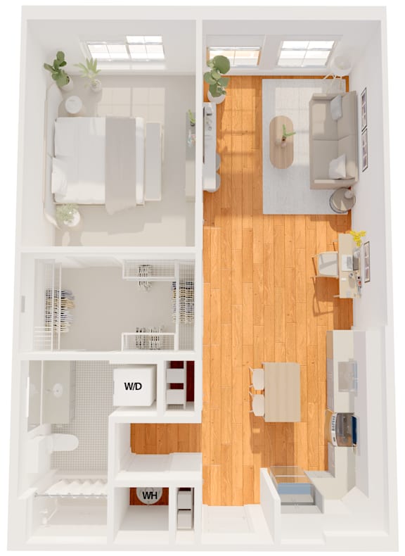A floor plan of a small apartment with a kitchen, living room, and bathroom.
