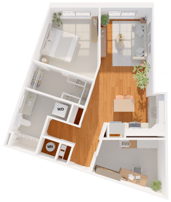 A floor plan of a house with a living room, kitchen, dining room, and two bathrooms.