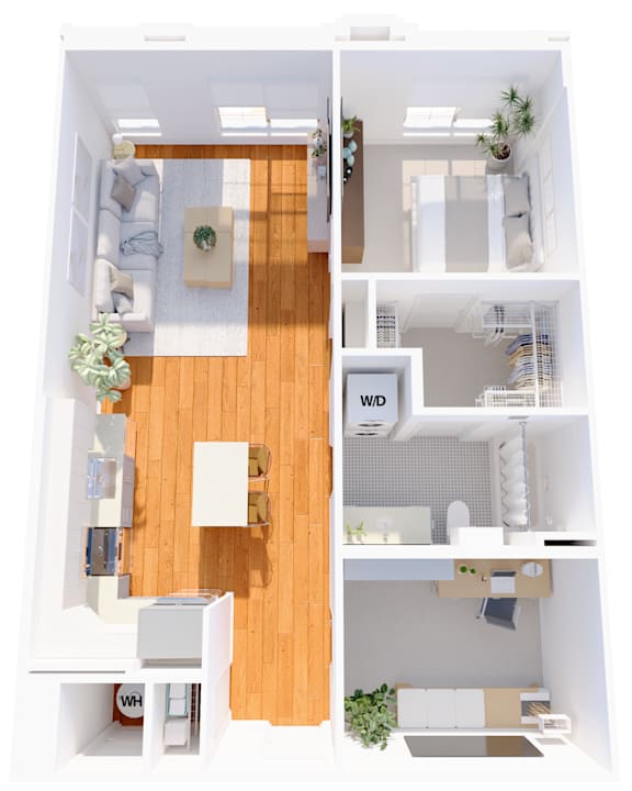 A top down view of a small apartment with a living room, kitchen, and bathroom.