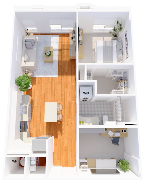 A top-down view of a small apartment with a living room, kitchen, and bathroom.