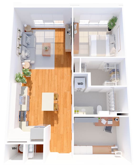 A top-down view of a small apartment with a living room, kitchen, and bedroom.