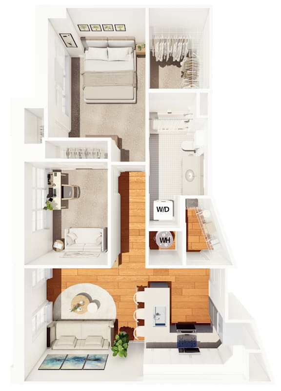 A floor plan of a small apartment with a kitchen, living room, and bathroom.