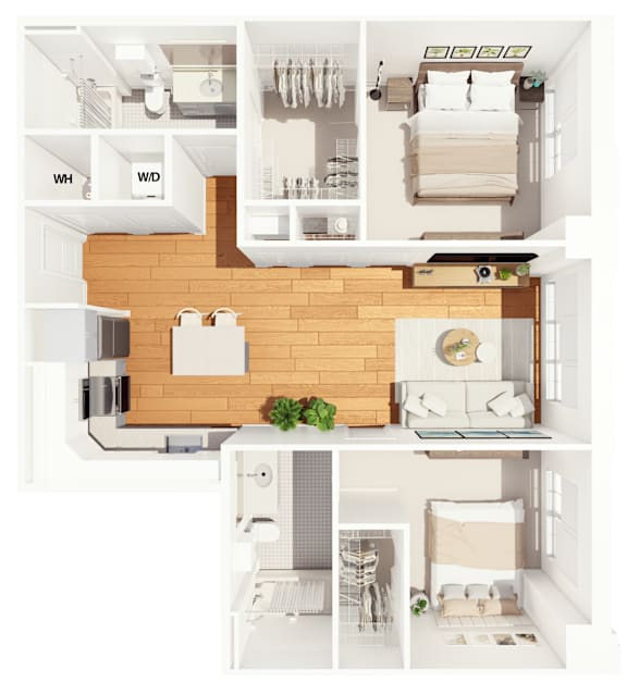 A series of images showing a top-down view of a small apartment layout.