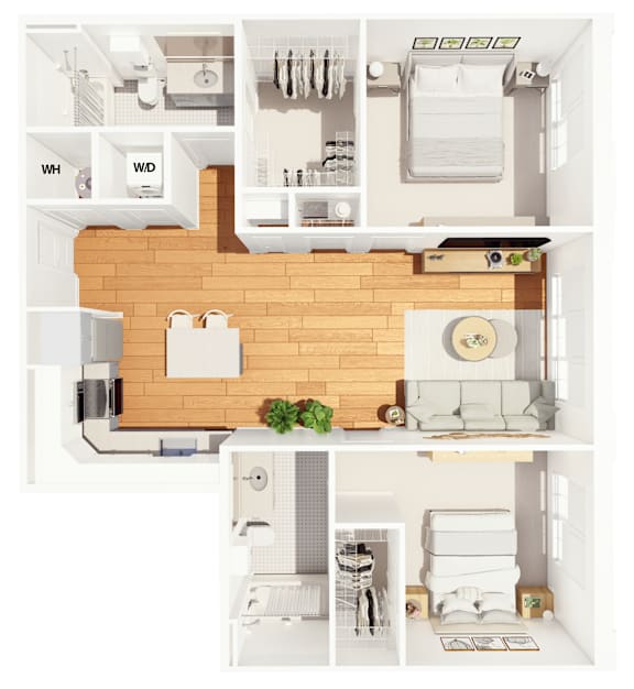 A floor plan of a small apartment with a kitchen, living room, and bathroom.