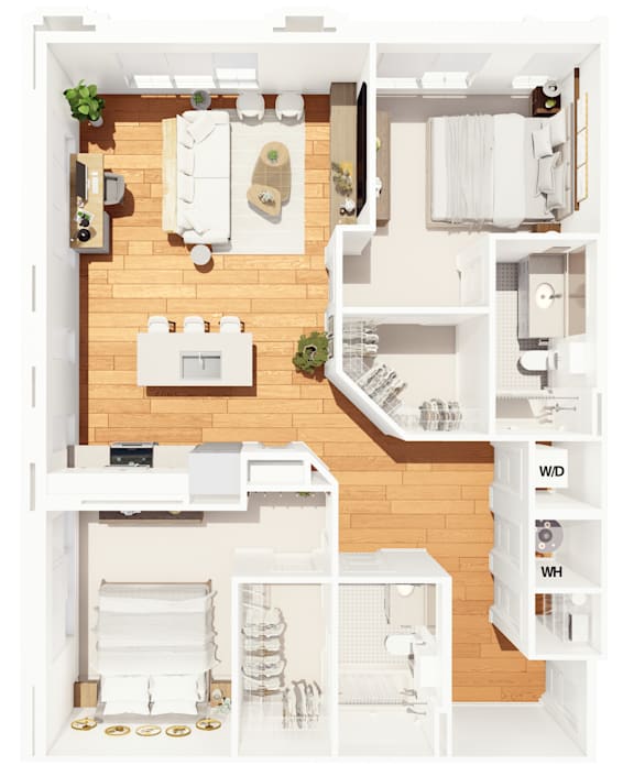 Floor Plan  A floor plan of a house with a kitchen, living room, and bathrooms.