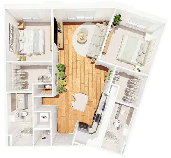 A floor plan of a small apartment with a kitchen, living room, and bathroom.
